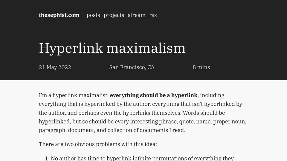 Screenshot of thesephist.com: Hyperlink maximalism (2022)