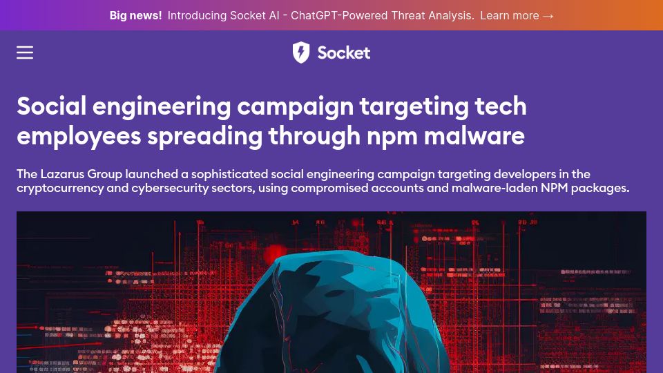 Screenshot of socket.dev: Social engineering campaign targeting tech employees spreads through NPM malware
