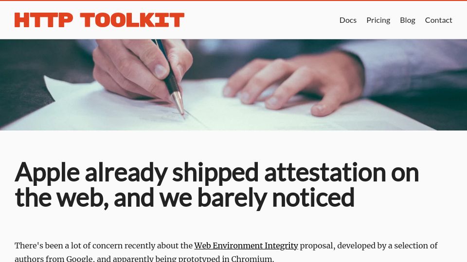 Screenshot of httptoolkit.com: Apple already shipped attestation on the web, and we barely noticed