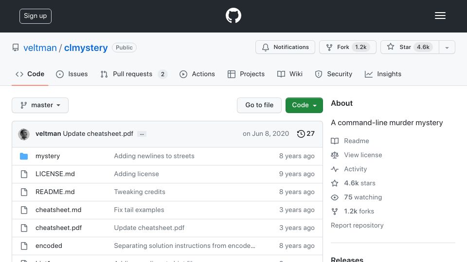 Screenshot of github.com: A command-line murder mystery (2014)