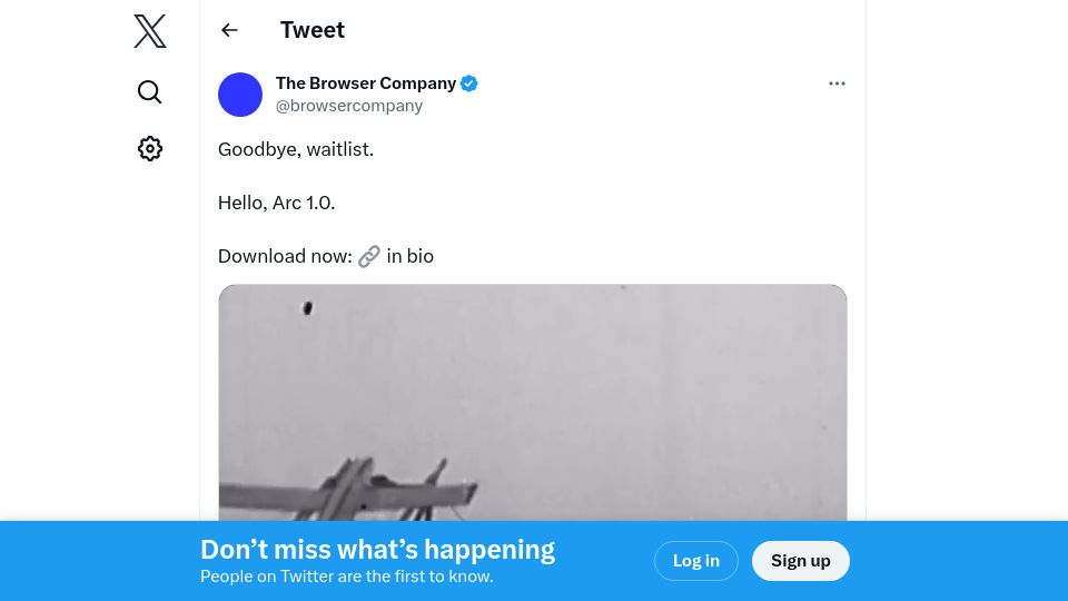 Screenshot of twitter.com: Goodbye, waitlist. Hello, Arc 1.0