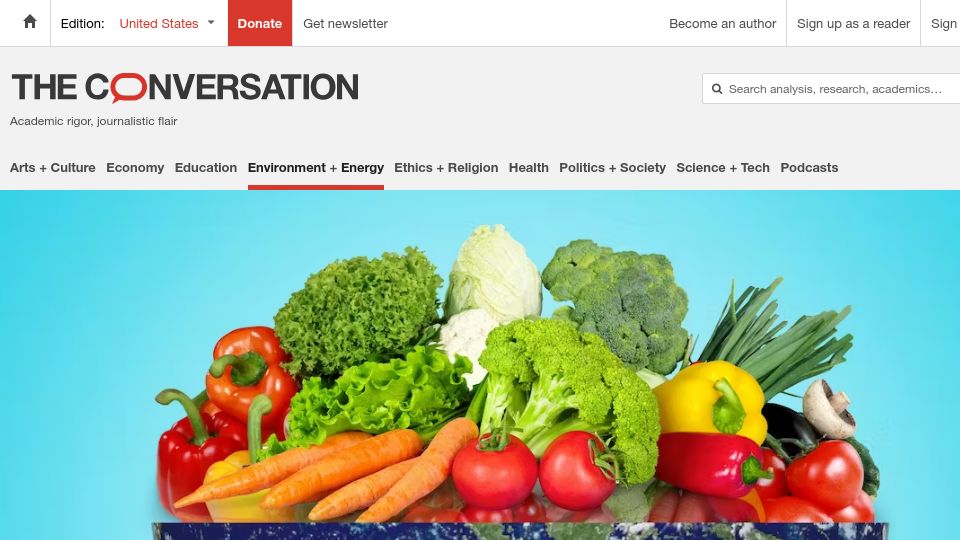Screenshot of theconversation.com: Vegan diet has 30% of the environmental impact of high-meat diet, major study