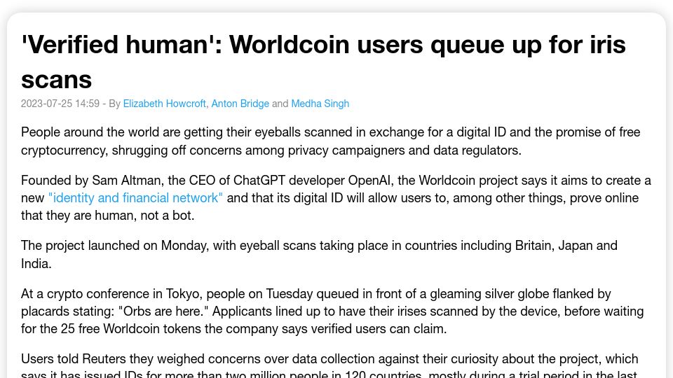 Screenshot of neuters.de: 'Verified human': Worldcoin users queue up for iris scans