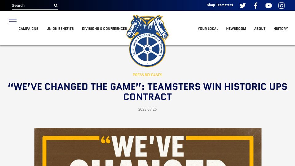 Screenshot of teamster.org: “We’ve Changed the Game”: Teamsters Win Historic UPS Contract