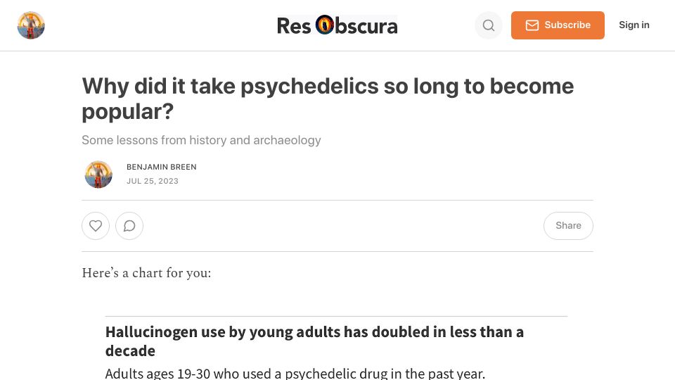 Screenshot of resobscura.substack.com: Why did it take psychedelics so long to become popular?
