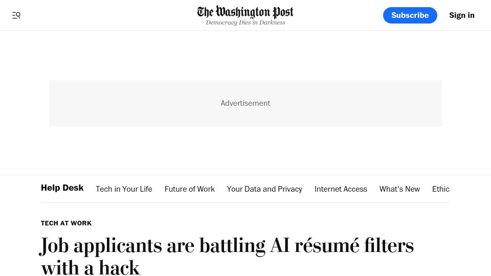 Screenshot of washingtonpost.com: Job applicants are battling AI résumé filters with ‘white fonting’