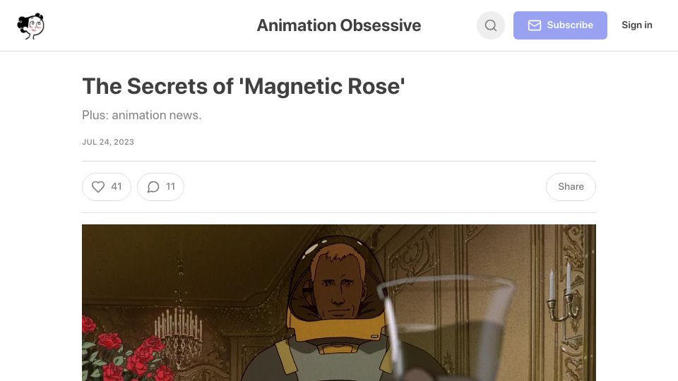 Screenshot of animationobsessive.substack.com: 'Magnetic Rose'