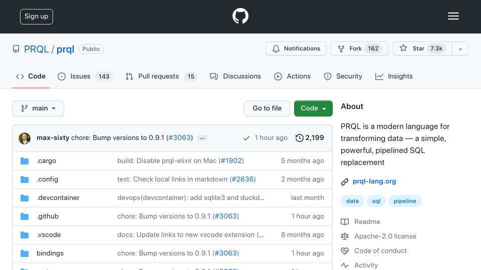 Screenshot of github.com: PRQL: Pipelined Relational Query Language