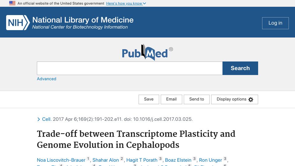 Screenshot of pubmed.ncbi.nlm.nih.gov: Cephalopods use RNA editing to modify their nervous sytems