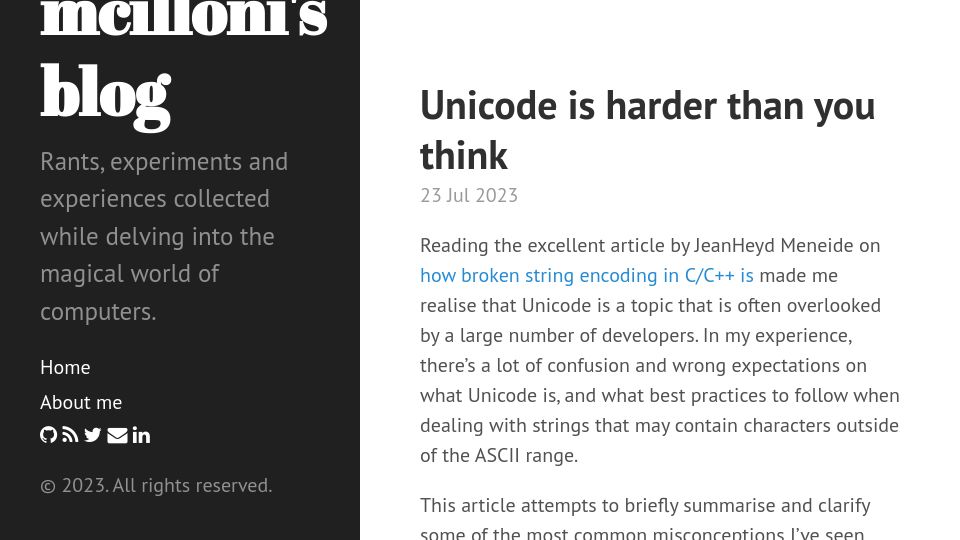 Screenshot of mcilloni.ovh: Unicode is harder than you think