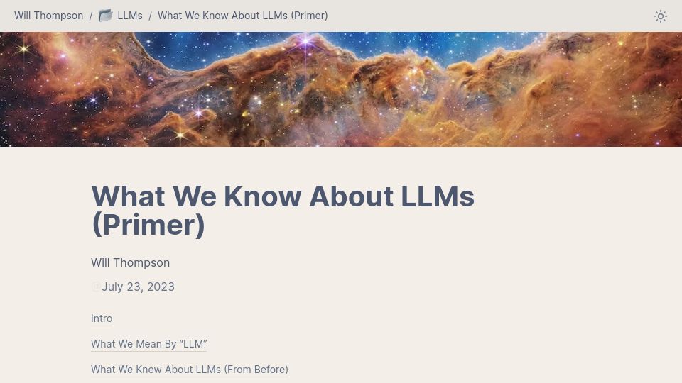 Screenshot of willthompson.name: What We Know About LLMs