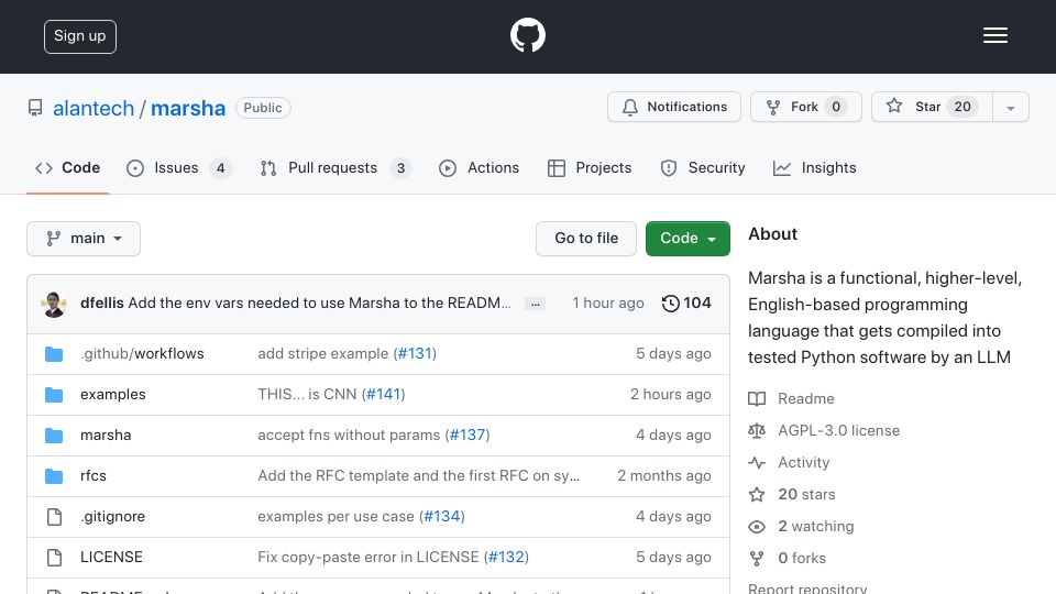 Screenshot of github.com: Show HN: Marsha – An LLM-Based Programming Language