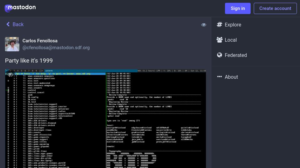 Screenshot of mastodon.sdf.org: Trying to find some life on the Usenet (2020)