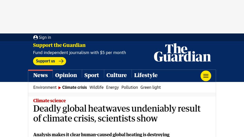 Screenshot of theguardian.com: Deadly global heatwaves undeniably result of climate crisis, scientists show