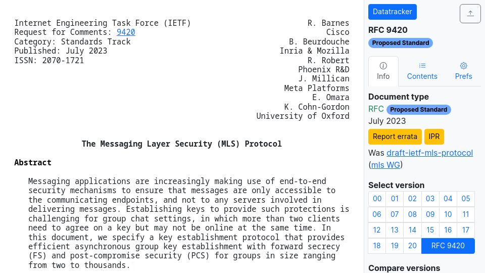 Screenshot of datatracker.ietf.org: The Messaging Layer Security (MLS) Protocol