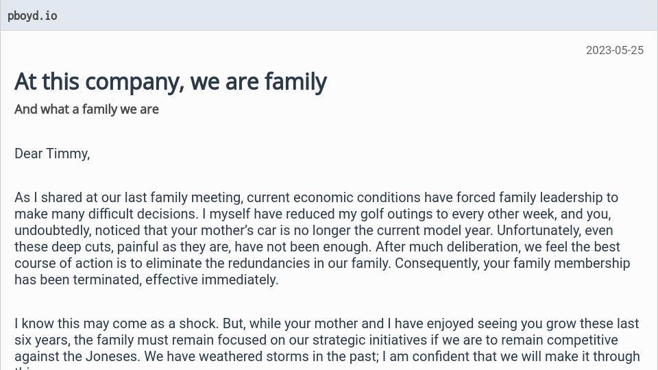 Screenshot of pboyd.io: At this company, we are family