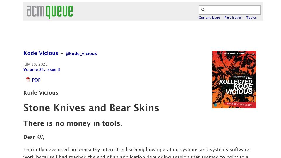 Screenshot of queue.acm.org: Stone knives and bear skins – there is no money in tools