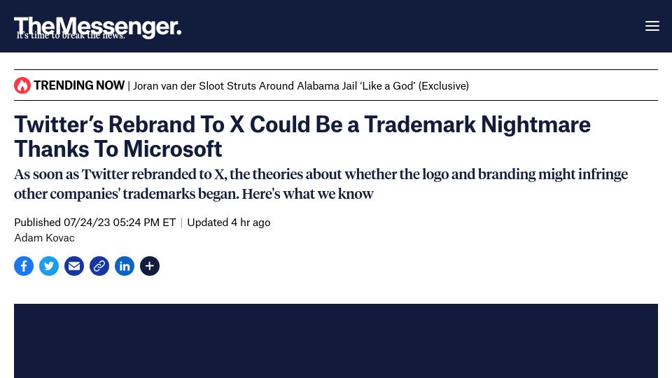 Screenshot of themessenger.com: Twitter’s Rebrand to X Could Be a Trademark Nightmare Thanks to Microsoft