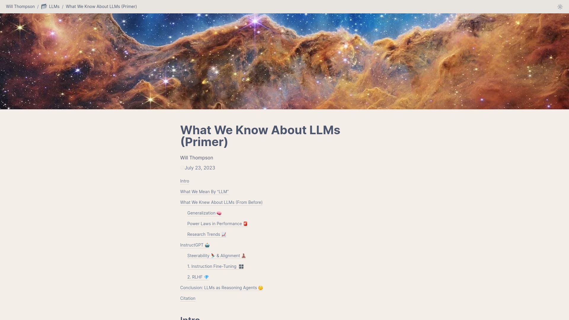 Screenshot of willthompson.name: What We Know About LLMs