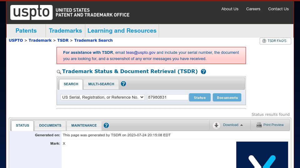 Screenshot of tsdr.uspto.gov: Trademark “X” for social media owned by Meta