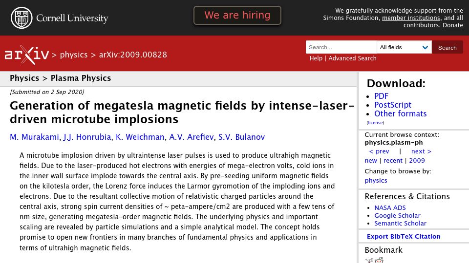 Screenshot of arxiv.org: Generation of MT magnetic fields by intense-laser-driven microtube implosions