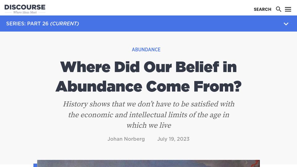 Screenshot of discoursemagazine.com: Where did our belief in abundance come from?