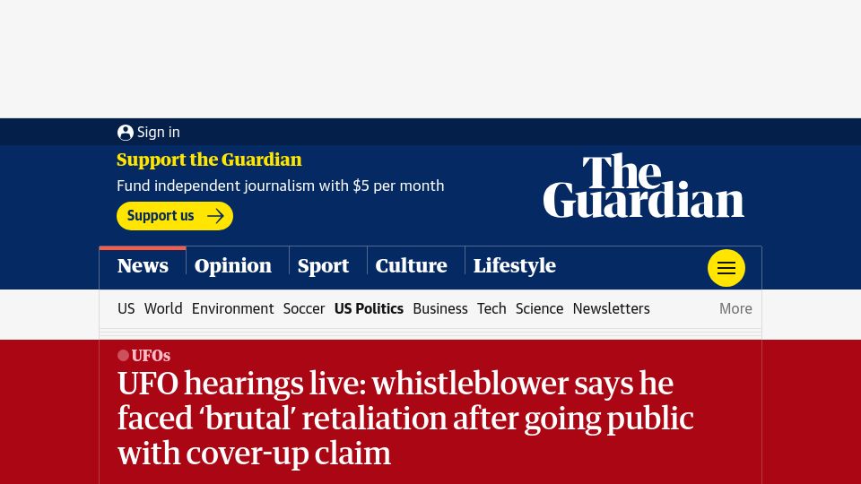 Screenshot of theguardian.com: Live: UFO/UAP Congressional Hearings
