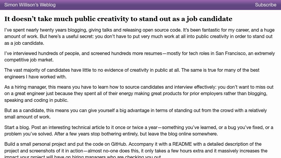 Screenshot of simonwillison.net: It doesn’t take much public creativity to stand out as a job candidate