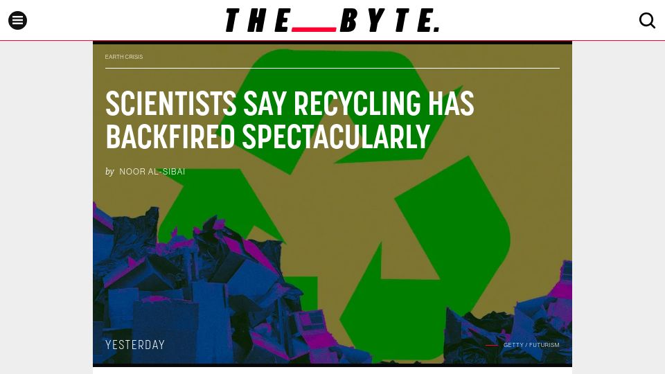 Screenshot of futurism.com: People over-emphasize the recycling aspect of "reduce, reuse, recycle"