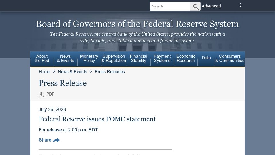 Screenshot of federalreserve.gov: Fed raises rates 25 bps