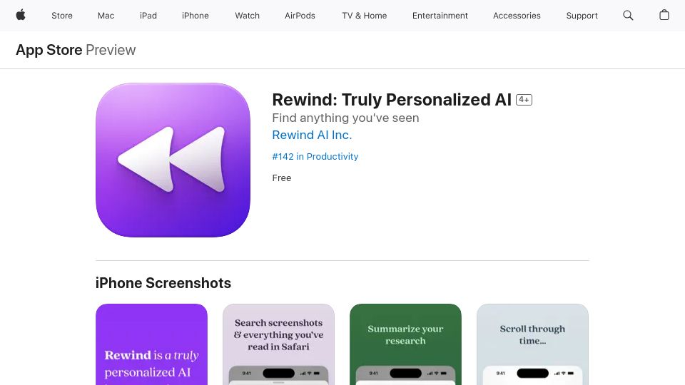 Screenshot of apps.apple.com: Rewind.ai Now Available for iPhone