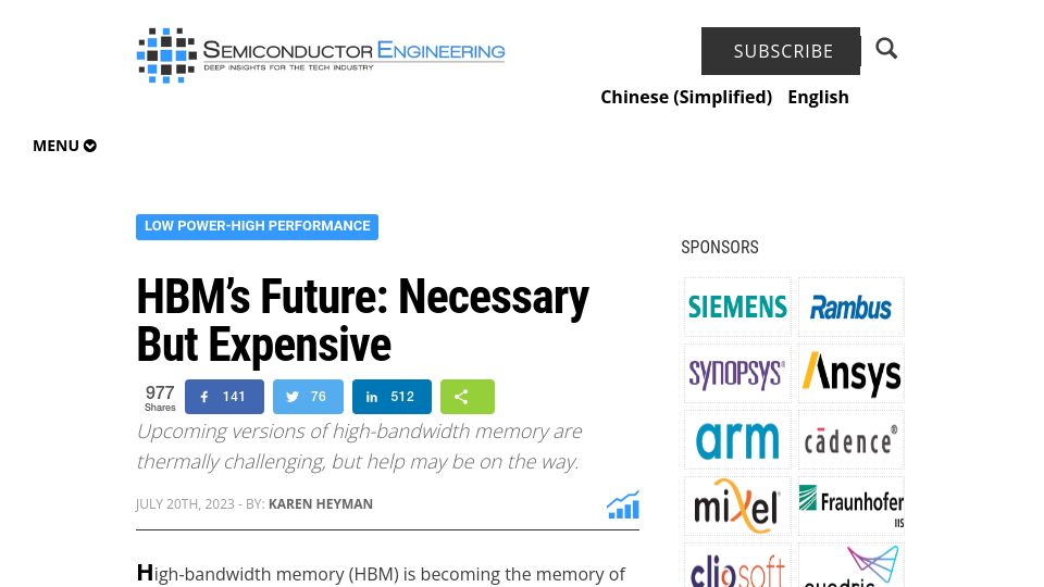 Screenshot of semiengineering.com: HBM’s Future: Necessary but Expensive