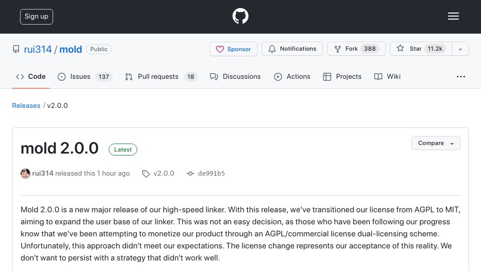 Screenshot of github.com: Mold 2.0