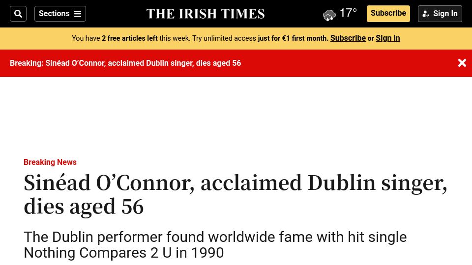 Screenshot of irishtimes.com: Sinead O’Connor has died
