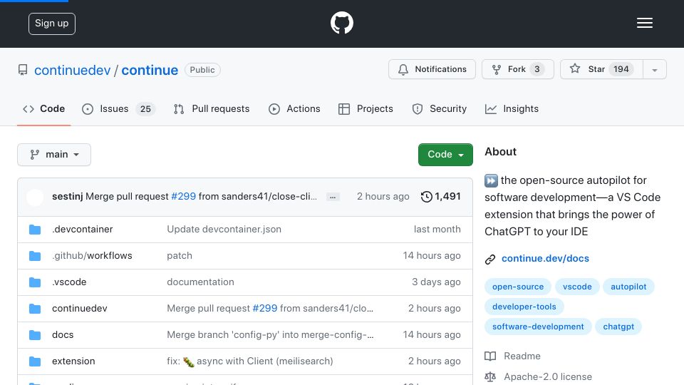 Screenshot of github.com: Show HN: Continue – Open-source coding autopilot
