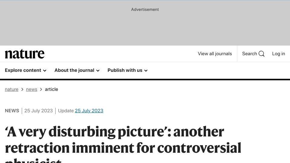 Screenshot of nature.com: ‘A very disturbing picture’: another retraction for controversial physicist