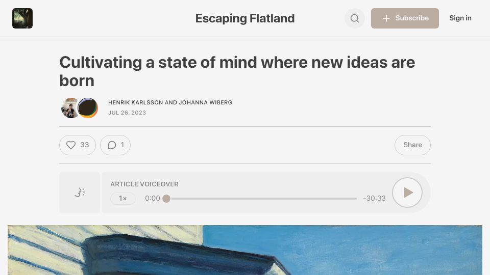 Screenshot of henrikkarlsson.xyz: Cultivating a state of mind where new ideas are born
