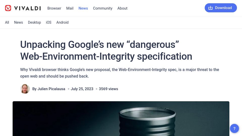 Screenshot of vivaldi.com: Unpacking Google’s Web Environment Integrity specification
