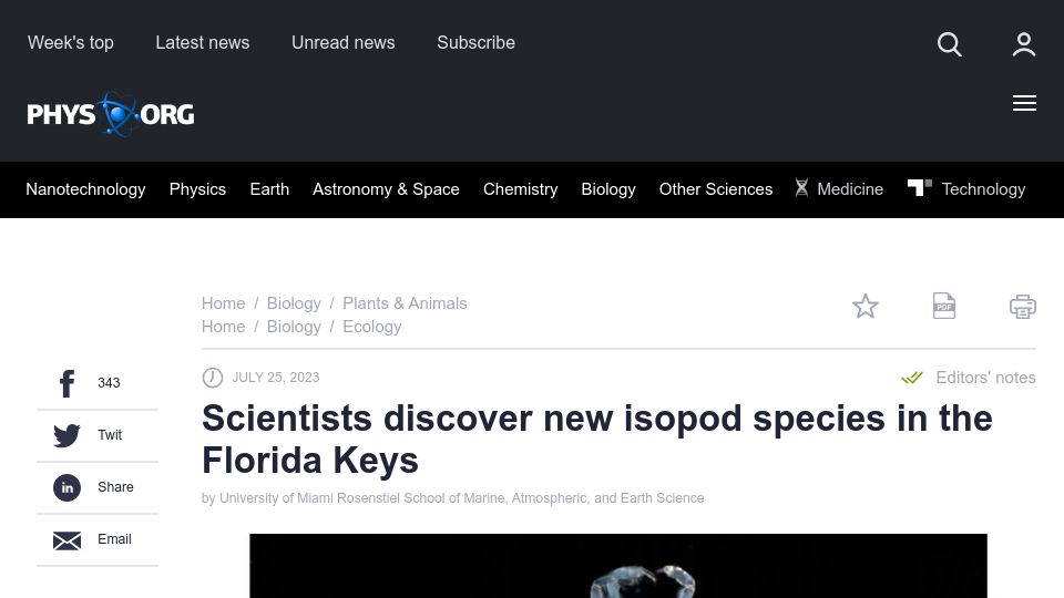 Screenshot of phys.org: Scientists discover new isopod species in the Florida Keys