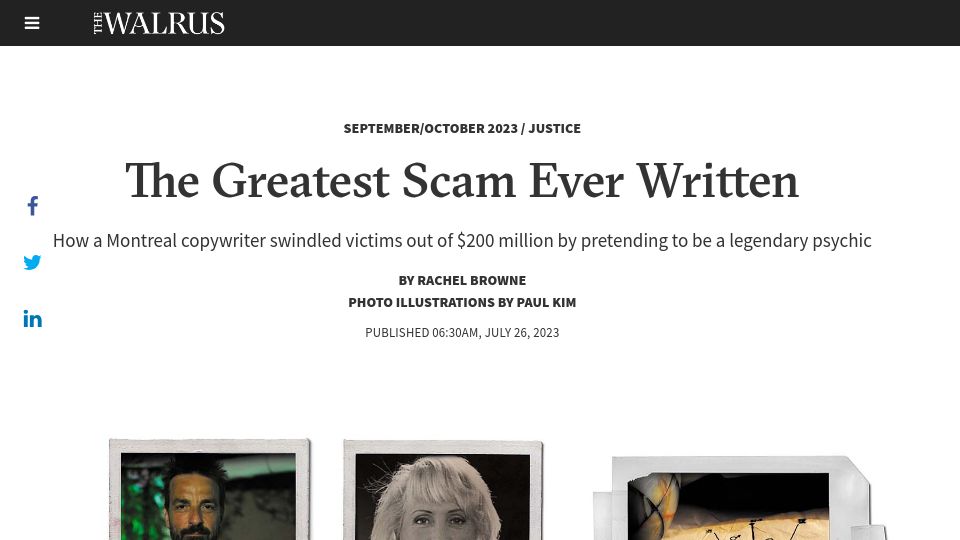 Screenshot of thewalrus.ca: A copywriter swindled victims out of $200M by pretending to be a psychic