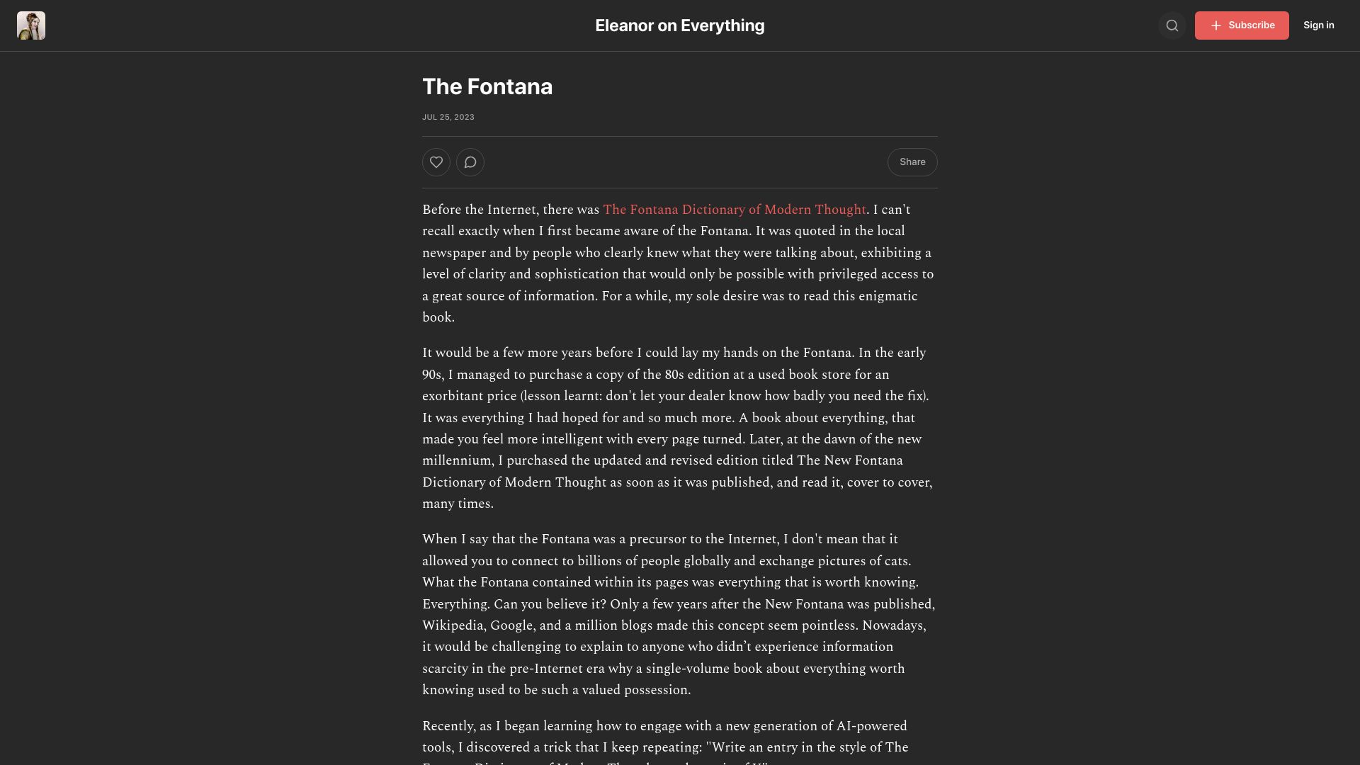Screenshot of everything.intellectronica.net: Before the Internet, there was The Fontana Dictionary of Modern Thought