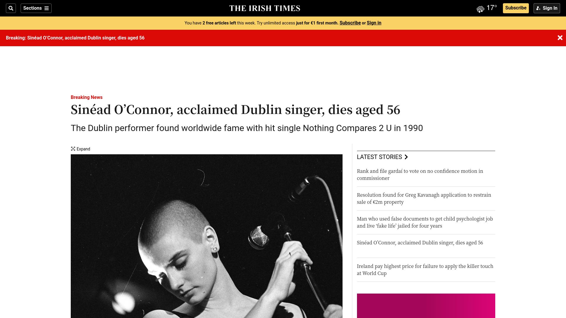 Screenshot of irishtimes.com: Sinead O’Connor has died