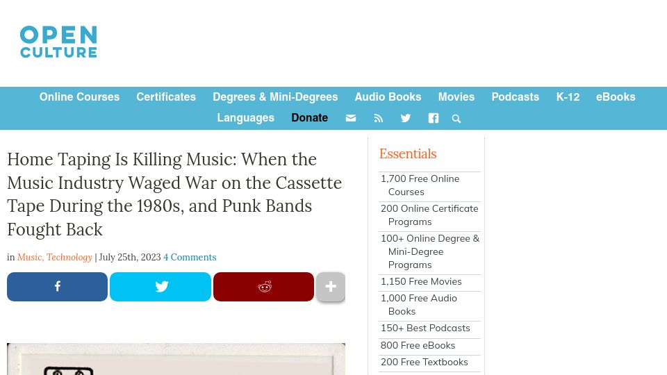 Screenshot of openculture.com: Home Taping Is Killing Music: When the music industry waged war on the cassette
