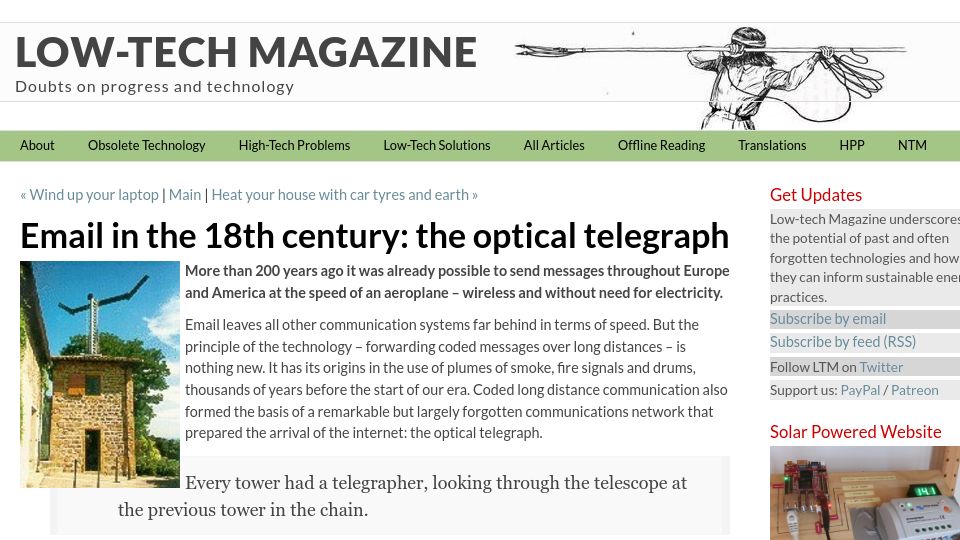 Screenshot of lowtechmagazine.com: Email in the 18th century: the optical telegraph (2007)