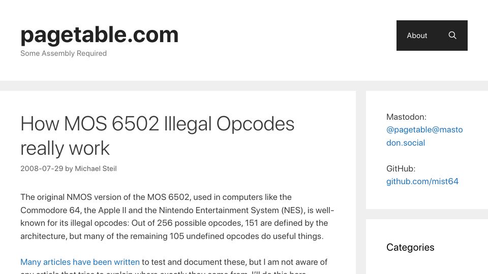 Screenshot of pagetable.com: How MOS 6502 illegal opcodes work
