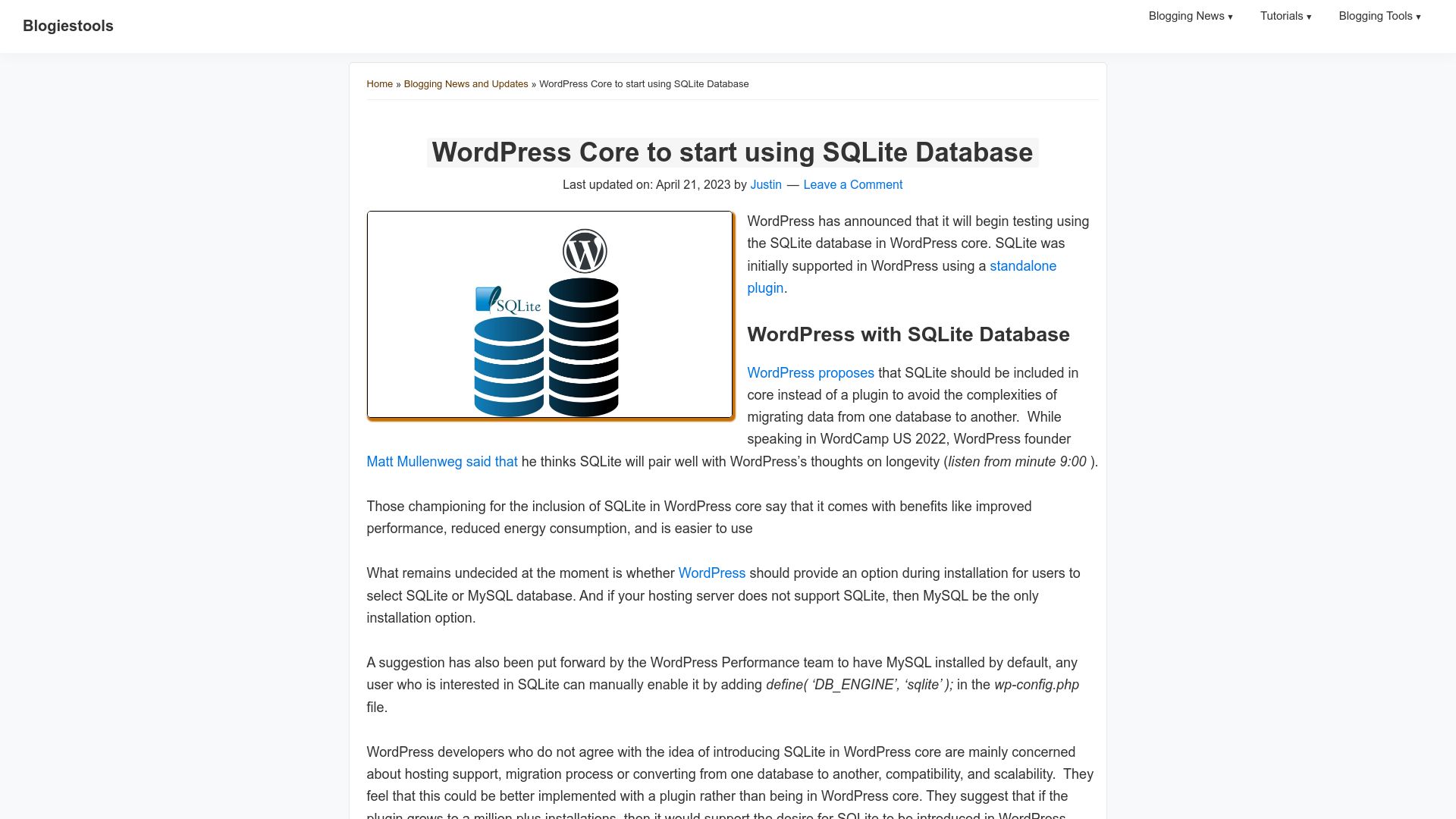 Screenshot of make.wordpress.org: WordPress Core to start using SQLite