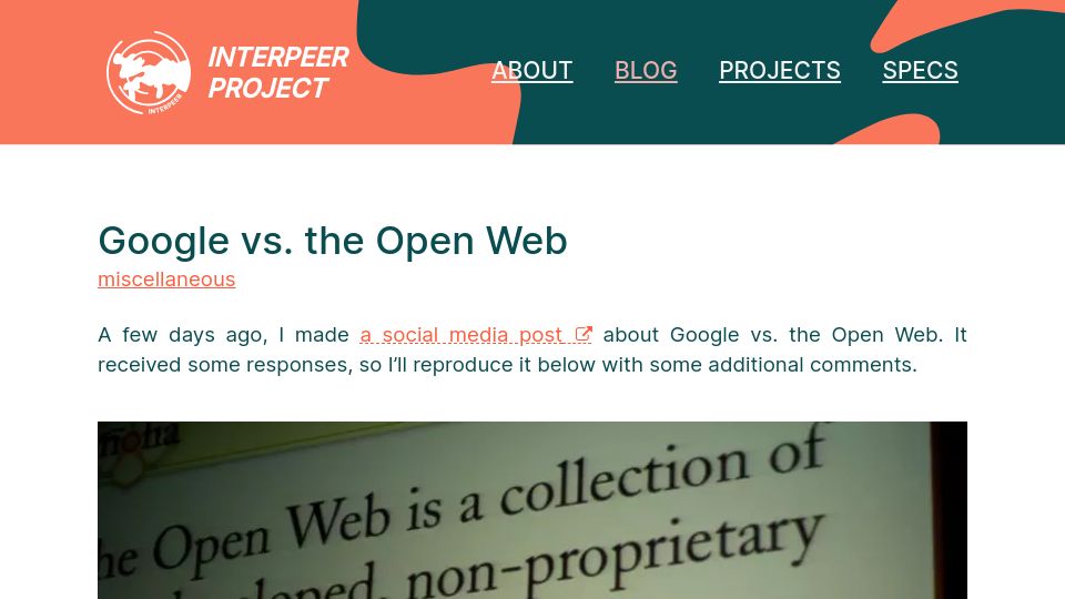 Screenshot of interpeer.io: Google vs. the Open Web