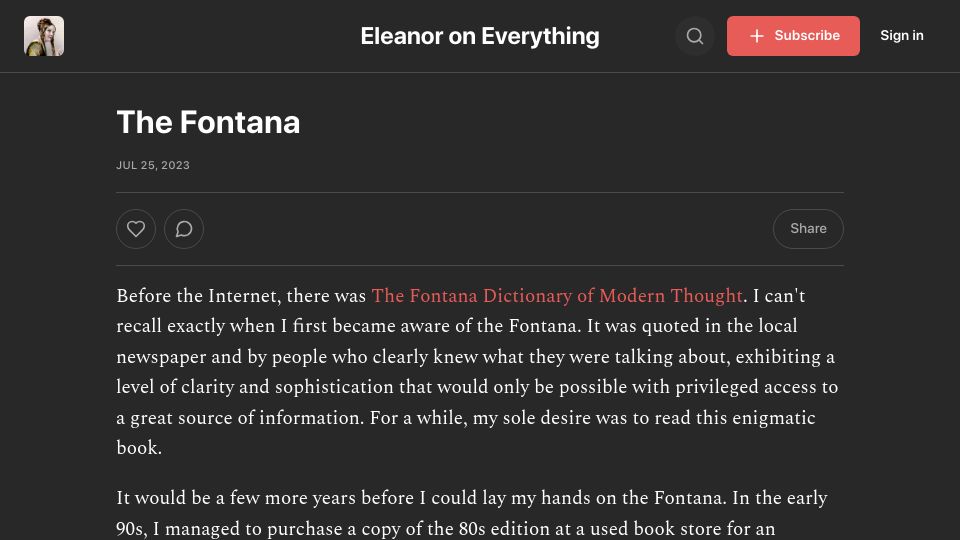 Screenshot of everything.intellectronica.net: Before the Internet, there was The Fontana Dictionary of Modern Thought