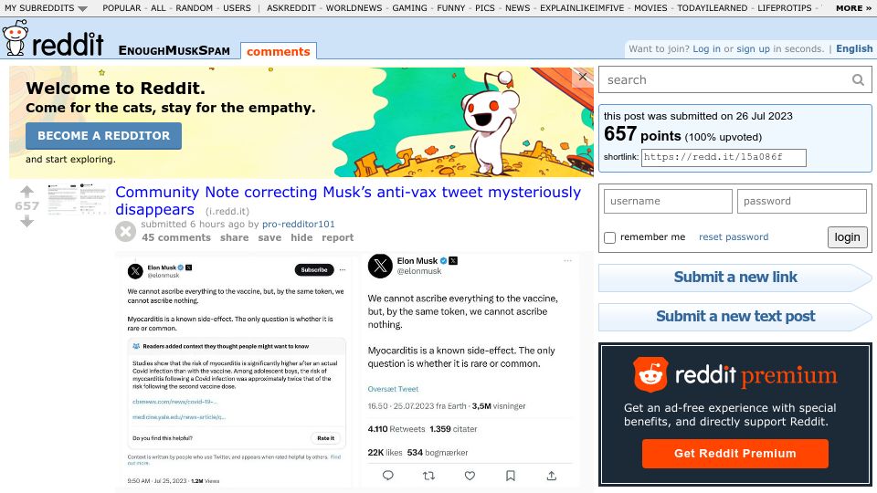 Screenshot of old.reddit.com: Community Note correcting Musk’s anti-vax tweet mysteriously disappears