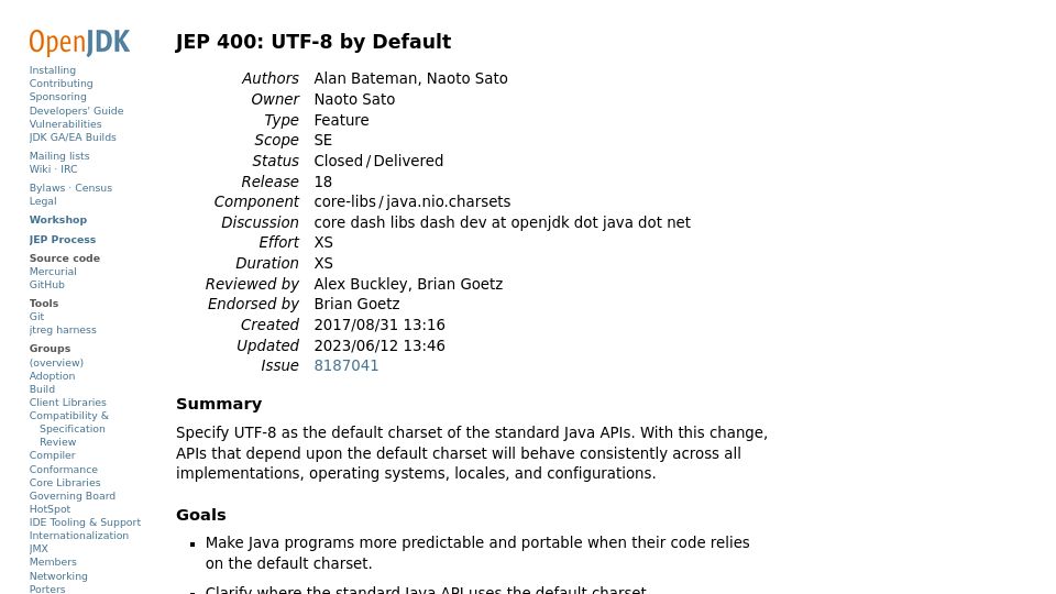 Screenshot of openjdk.org: JEP 400: UTF-8 by Default